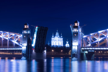 View on the Bolsheokhtinsky or Peter the Great Bridge across the Neva River and Smolny Cathedral in...