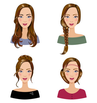 Different types of female hair styles. Set of beautiful young girls with various hairstyle. Women's portraits on a white background.