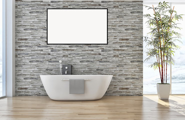 Naklejka na ściany i meble Modern bright interiors apartment with mockup poster frame 3D rendering