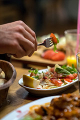 Traditional Middle Eastern Iftar dinner. Selective focus. Vertical shot