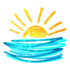 Watercolor sun, waves, sea