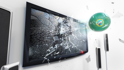 Soccer ball with the flag of Washington kicked through a shattering tv screen.(3D rendering series)