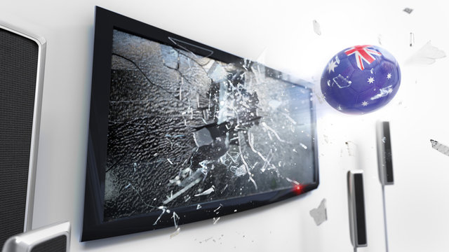 Soccer ball with the flag of Australia kicked through a shattering tv screen.(3D rendering series)