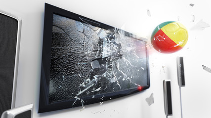 Soccer ball with the flag of Benin kicked through a shattering tv screen.(3D rendering series)