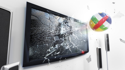 Soccer ball with the flag of Central African Republic kicked through a shattering tv screen.(3D rendering series)