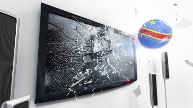 Soccer ball with the flag of Democratic Republic of the Congo kicked through a shattering tv screen.(3D rendering series)