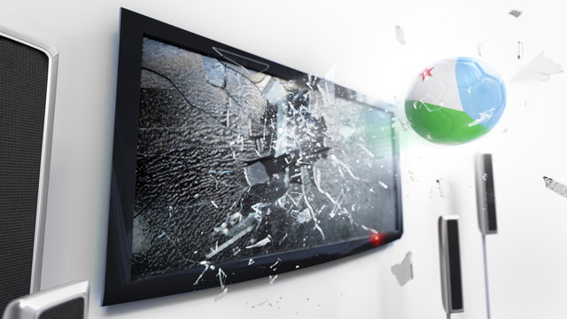 Soccer ball with the flag of Djibouti kicked through a shattering tv screen.(3D rendering series)