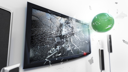 Soccer ball with the flag of Libya kicked through a shattering tv screen.(3D rendering series)