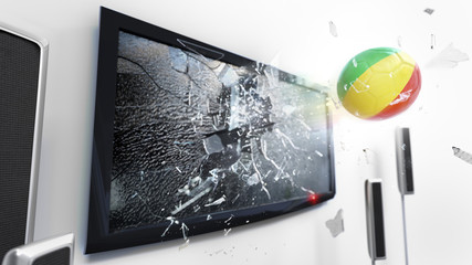 Soccer ball with the flag of Mali kicked through a shattering tv screen.(3D rendering series)