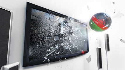 Soccer ball with the flag of Malawi kicked through a shattering tv screen.(3D rendering series)