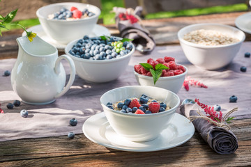 Closeup of breakfast with raspberries and blueberries in sunny day