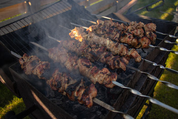 Shish kebab on a skewer getting ready on a barbecue grill