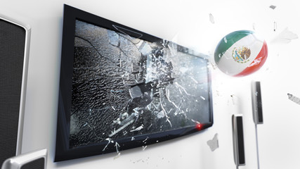 Soccer ball with the flag of Mexico kicked through a shattering tv screen.(3D rendering series)