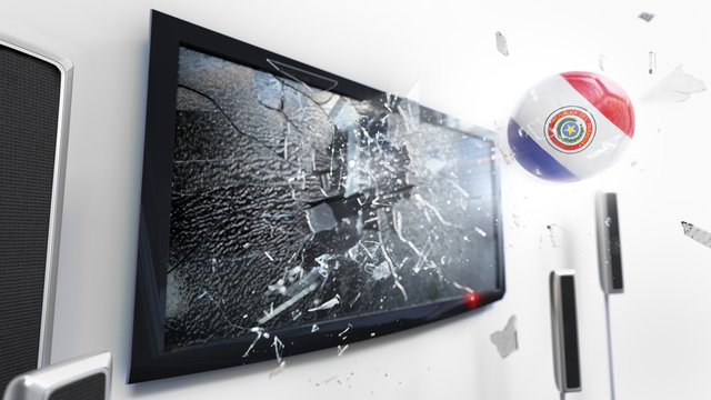 Soccer ball with the flag of Paraguay kicked through a shattering tv screen.(3D rendering series)