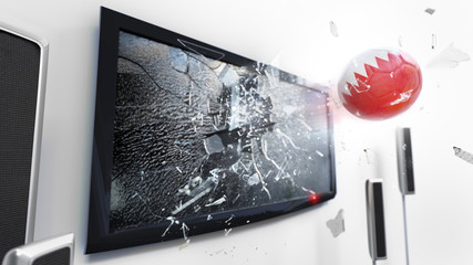 Soccer ball with the flag of Bahrain kicked through a shattering tv screen.(3D rendering series)