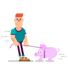 A person leads a piggy bank on a leash