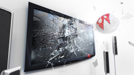 Soccer ball with the flag of Nepal kicked through a shattering tv screen.(3D rendering series)