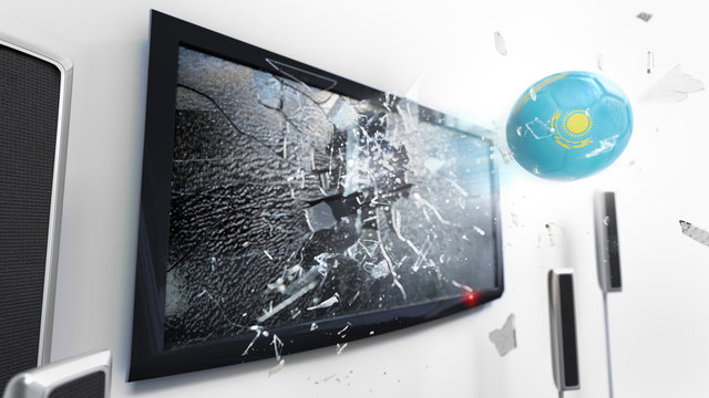 Soccer ball with the flag of Kazakhstan kicked through a shattering tv screen.(3D rendering series)