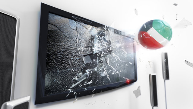 Soccer ball with the flag of Kuwait kicked through a shattering tv screen.(3D rendering series)