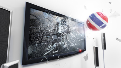 Soccer ball with the flag of Thailand kicked through a shattering tv screen.(3D rendering series)