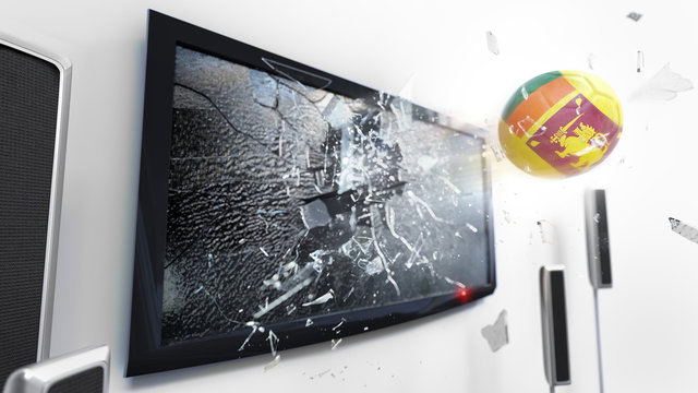 Soccer ball with the flag of Sri Lanka kicked through a shattering tv screen.(3D rendering series)