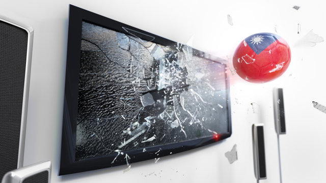 Soccer ball with the flag of Taiwan kicked through a shattering tv screen.(3D rendering series)