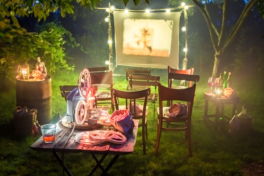 Small cinema with old analog films in summer evening