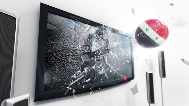 Soccer ball with the flag of Syria kicked through a shattering tv screen.(3D rendering series)
