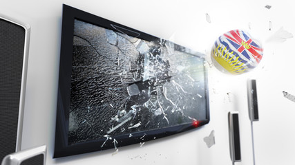 Soccer ball with the flag of British Columbia kicked through a shattering tv screen.(3D rendering series)