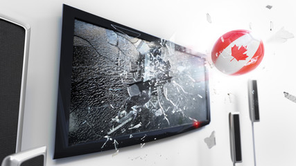 Soccer ball with the flag of Canada kicked through a shattering tv screen.(3D rendering series)