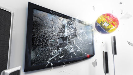 Soccer ball with the flag of New Brunswick kicked through a shattering tv screen.(3D rendering series)