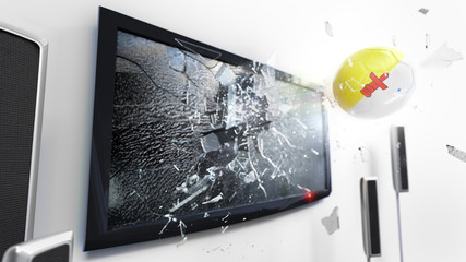 Soccer ball with the flag of Nunavut kicked through a shattering tv screen.(3D rendering series)