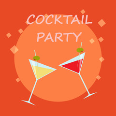 cocktail glasses isolated on orange background inscription cocktail party