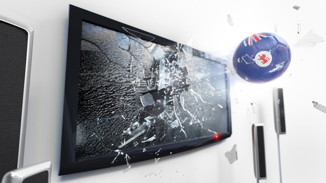 Soccer ball with the flag of Tasmania kicked through a shattering tv screen.(3D rendering series)