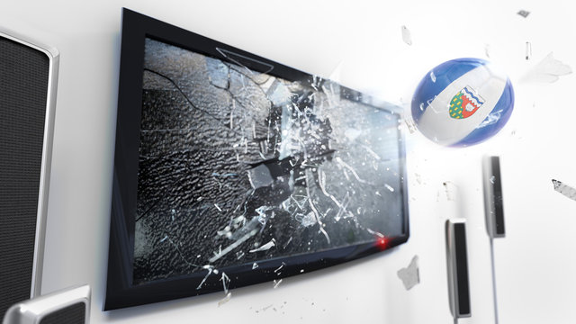 Soccer ball with the flag of Northwest Territories kicked through a shattering tv screen.(3D rendering series)