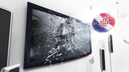 Soccer ball with the flag of Croatia kicked through a shattering tv screen.(3D rendering series)