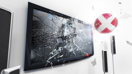 Soccer ball with the flag of Denmark kicked through a shattering tv screen.(3D rendering series)