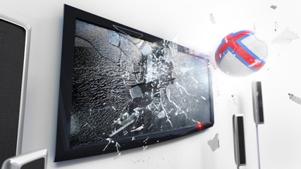 Soccer ball with the flag of Faroe Islands kicked through a shattering tv screen.(3D rendering series)