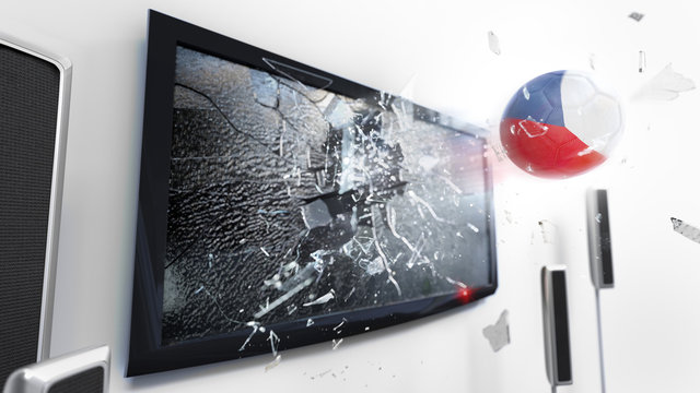 Soccer ball with the flag of Czech Republic kicked through a shattering tv screen.(3D rendering series)