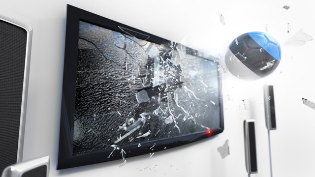 Soccer ball with the flag of Estonia kicked through a shattering tv screen.(3D rendering series)