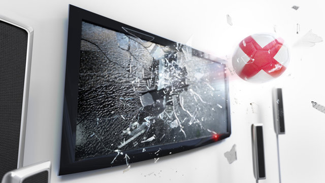 Soccer ball with the flag of England kicked through a shattering tv screen.(3D rendering series)