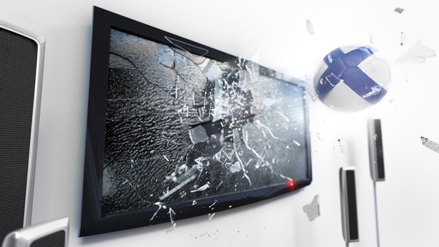 Soccer ball with the flag of Finland kicked through a shattering tv screen.(3D rendering series)