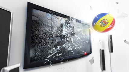 Soccer ball with the flag of Moldova kicked through a shattering tv screen.(3D rendering series)