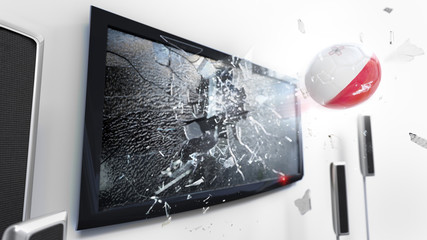Soccer ball with the flag of Malta kicked through a shattering tv screen.(3D rendering series)
