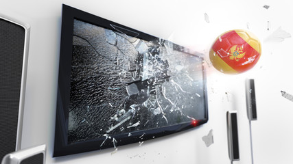 Soccer ball with the flag of Montenegro kicked through a shattering tv screen.(3D rendering series)