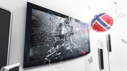 Soccer ball with the flag of Norway kicked through a shattering tv screen.(3D rendering series)