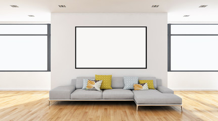 Fototapeta na wymiar Modern bright interiors apartment with mockup poster frame 3D rendering
