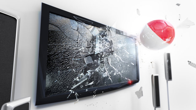 Soccer ball with the flag of Monaco kicked through a shattering tv screen.(3D rendering series)