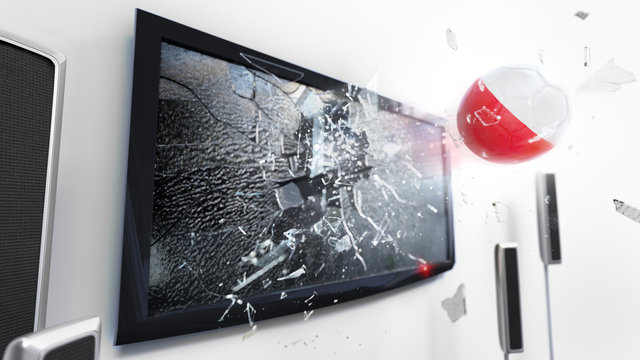 Soccer ball with the flag of Poland kicked through a shattering tv screen.(3D rendering series)
