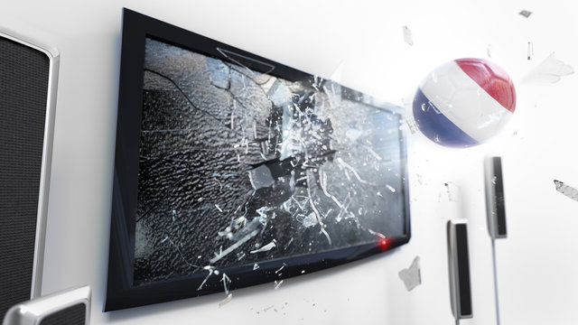 Soccer ball with the flag of Netherlands kicked through a shattering tv screen.(3D rendering series)